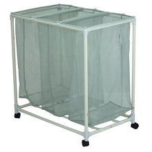 Rolling laundry sorter cart with three sage mesh bags and caster wheels