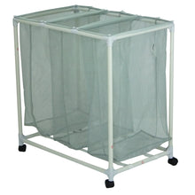 Rolling mesh laundry sorter cart with three open fabric bins and caster wheels