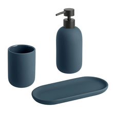 Blue ceramic toothbrush holder with matching soap dish and included soap dispenser base.