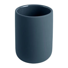 Blue ceramic toothbrush holder with a round open top cylinder shape.