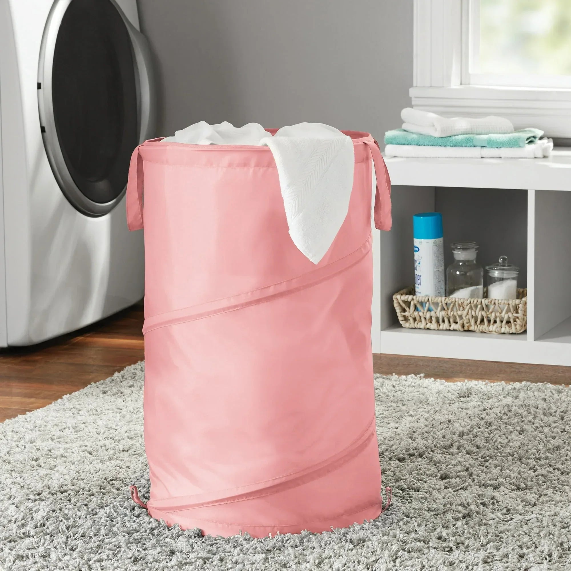 Mainstays Pop-Up Spiral Polyester Laundry Hamper, Pink, Adult