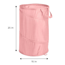 Pink polyester laundry hamper, 25 in tall and 15 in wide; pop-up spiral design