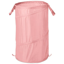 Pink polyester laundry hamper with spiral sides and pop-up top opening