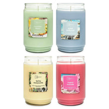 Set of four glass jar candles; Spring Honeysuckle yellow plus green, blue, red