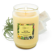 Glass jar candle, 1 wick, pale yellow wax, Spring Honeysuckle label with ribbon
