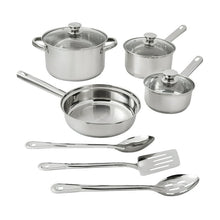 Stainless steel 10-piece cookware set with pots, pans, lids, and serving utensils