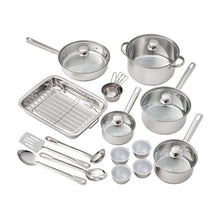 Stainless steel cookware set with assorted pots, pans, lids, and utensils