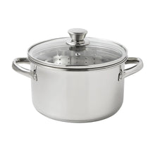 Stainless steel steamer pot with glass lid and two side handles.