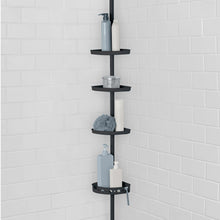 Black 4-tier tension pole shower caddy with soap bottles and towel on shelves