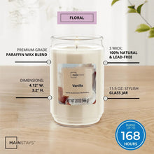 Vanilla scented glass jar candle with a single lit wick in clear glass