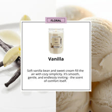 Vanilla scented glass jar candle with lit single wick in clear glass container