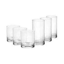 Clear tumbler glasses, stacked set with multiple sizes, 12-piece drinkware group.
