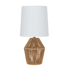 Brown rope mini lamp with white fabric shade and woven basket base