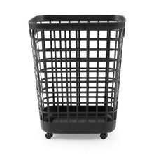 Black rolling laundry hamper with open frame and four caster wheels