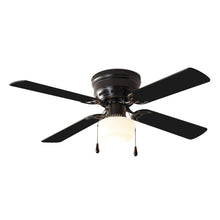 Black flush-mount ceiling fan with frosted globe light and 4 black blades