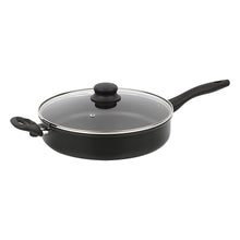Black non-stick jumbo frying pan with glass lid and black handles