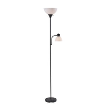 Floor lamp with black pole and two white shades, one tall and one small