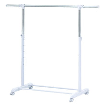 Adjustable rolling garment rack with chrome bar, white frame, and four caster wheels