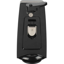 Black electric can opener with integrated bottle opener lever, front view