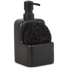 Black ceramic kitchen soap dispenser with pump and attached sponge holder