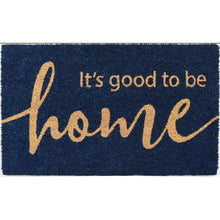 Navy coir doormat with gold 'home' script and 'It's good to be' text