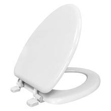White elongated toilet seat with open lid and side hinge brackets