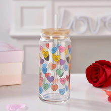 Glass can sipper with straw, wooden lid, colorful hearts and conversation pattern