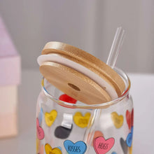 Glass can sipper with wooden lid and clear straw, heart-print jar front