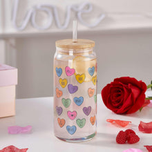 Glass can sipper with straw and wooden lid, colorful hearts and kiss accents