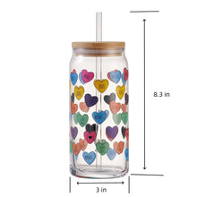 Glass can sipper with straw and wooden lid, colorful heart conversation design, 8.3 in tall