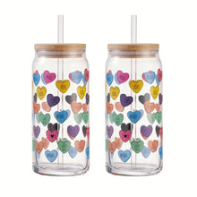 20 oz glass can sipper with straw and wooden lid, colorful heart conversation design