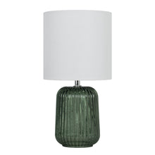 Mainstays table lamp with white linen drum shade and dark green ribbed glass base