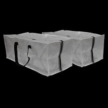 Clear heavy-duty storage moving bag with black handles, folded rectangle