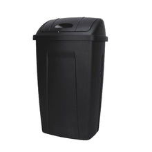 Black plastic kitchen trash can with swing-top lid, rounded top and front panel.