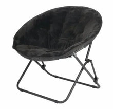 Black saucer chair with curved backrest and folding metal frame