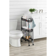 Black 3-tier rolling bathroom storage cart with mesh shelves and front hook handles