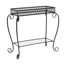 Black metal 2-tier plant stand with arched lattice top and lower shelf, open frame.