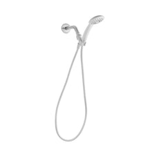 White handheld showerhead with flexible hose and chrome wall mount, single spray head