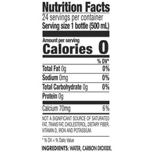 Nutrition Facts label for sparkling water: calories 0, sodium 0mg, ingredients water, CO2