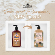 Two Malibu Hemp body moisturizer pump bottles, tan floral labels with black dispensers