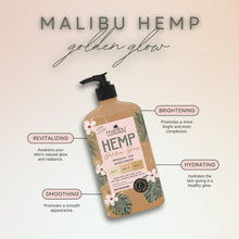 Malibu Hemp golden glow body moisturizer pump bottle, tan floral label with day chart