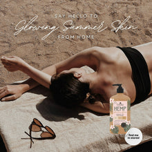Malibu Hemp golden glow body moisturizer bottle with black pump, on sand