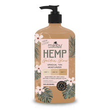 Malibu Hemp body moisturizer pump bottle, tan floral label with black dispenser