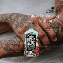 Hemp tattoo enhancing body moisturizer lotion bottle held in hands, turquoise