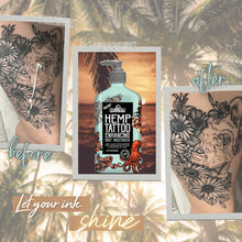 Body moisturizer lotion bottle with pump featured in a before-and-after tattoo graphic