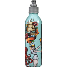 Hemp tattoo enhancing body moisturizer lotion bottle, turquoise with illustrated label