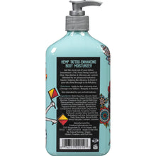 Hemp tattoo enhancing body moisturizer lotion bottle, turquoise with pump dispenser