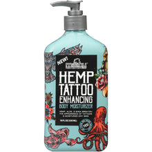 Body moisturizer lotion bottle with pump, turquoise with “Hemp Tattoo Enhancing” label