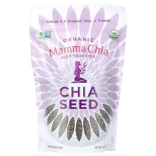 Organic chia seed bag, Mamma Chia branding, purple flower graphic