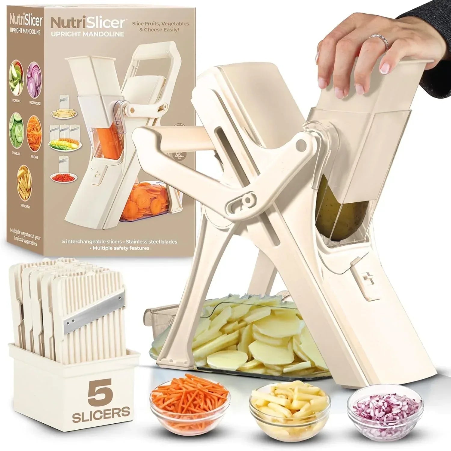 Emson Mandoline Slicer for Kitchen, All in 1 Mandolin Slicer for Food Works as Potato Slicer, Vegetable Slicer, Mandoline Food Slicer, French Fry Cutter with 5 Blades and Storage Container, Gray
